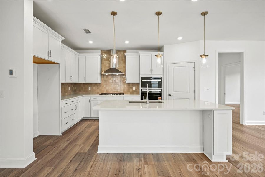 Modern kitchen features a large island, walk-in pantry, and gourmet appliance package including a gas cooktop Modern kitchen features a large island, walk-in pantry, and gourmet appliance package including a gas cooktop