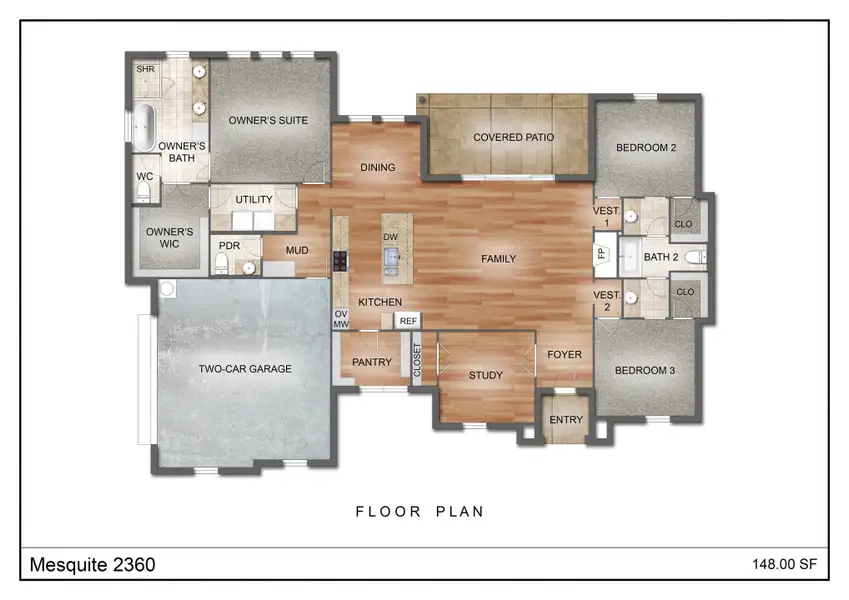 2D floor plan layout for the The Mesquite by Kenmark Homes in Paloma Ranches, Justin, TX (Image 3).