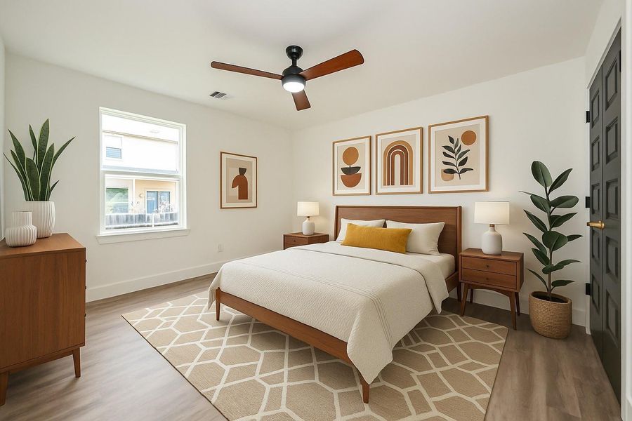 This virtually staged room offers endless possibilities—ideal as a secondary bedroom, guest suite, or even a stylish mid-century modern home office. Clean lines, natural light, and a neutral palette make it easy to personalize while still feeling warm and welcoming.