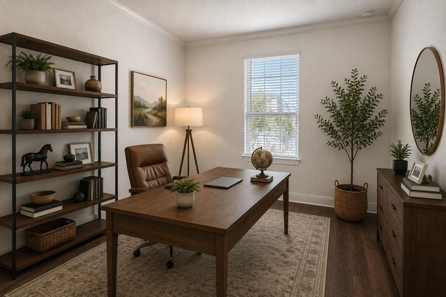 A well-lit study provides a tranquil workspace with rich wood tones and classic architectural details.
