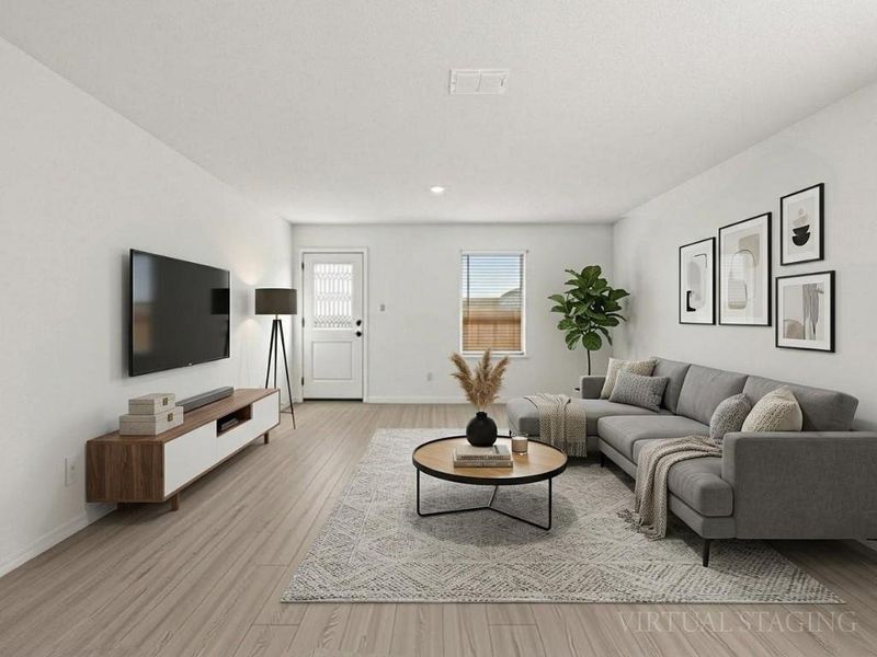 Photo has been enhanced with virtual modifications.  Living room with light wood-type flooring and recessed lighting