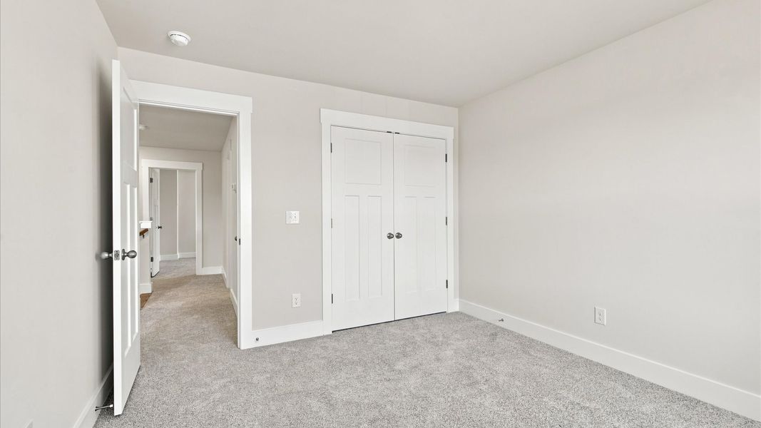 Tasteful bedroom with plush carpet, a walk-in closet, and large windows for abundant natural light