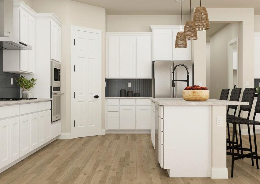 Rendering of the kitchen in the Primrose
  floor plan. The room has white cabinets, wood-look vinyl plank flooring,
  stainless steel appliances and a large island.Â