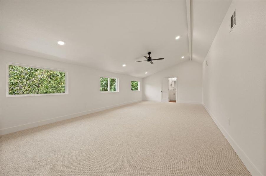 Empty room with carpet flooring, recessed lighting, and ceiling fan Empty room with carpet flooring, recessed lighting, and ceiling fan