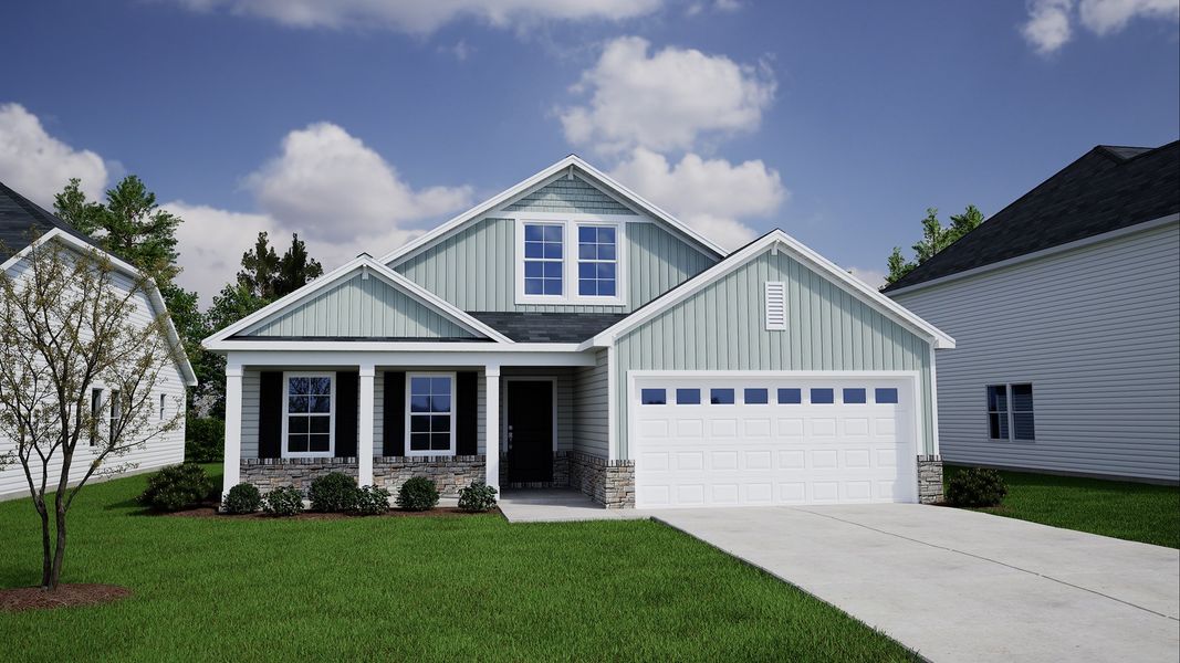 Representative exterior photo of a completed home built from the Dorchester - Genesis Value Collection by Mungo Homes in Citadel Point at Southbridge, Sneads Ferry, NC (Image 25).