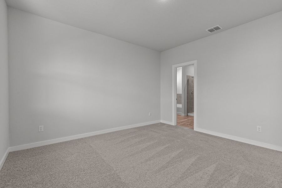 A room with a carpet and a door.