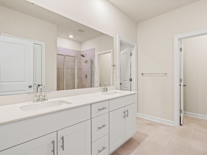 The primary bath offers dual sinks and a spacious walk-in closet.