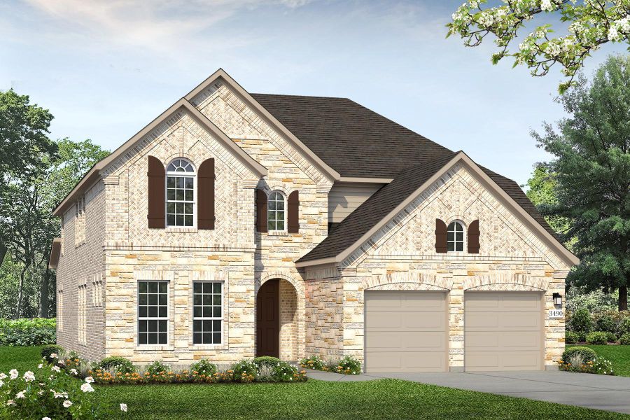 French country inspired facade with roof with shingles, brick siding, concrete driveway, an attached garage, and a front lawn