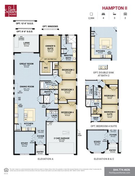 2D floor plan layout for the Hampton II by Park Square Residential in Tamarack at Two Rivers, Zephyrhills, FL (Image 3).