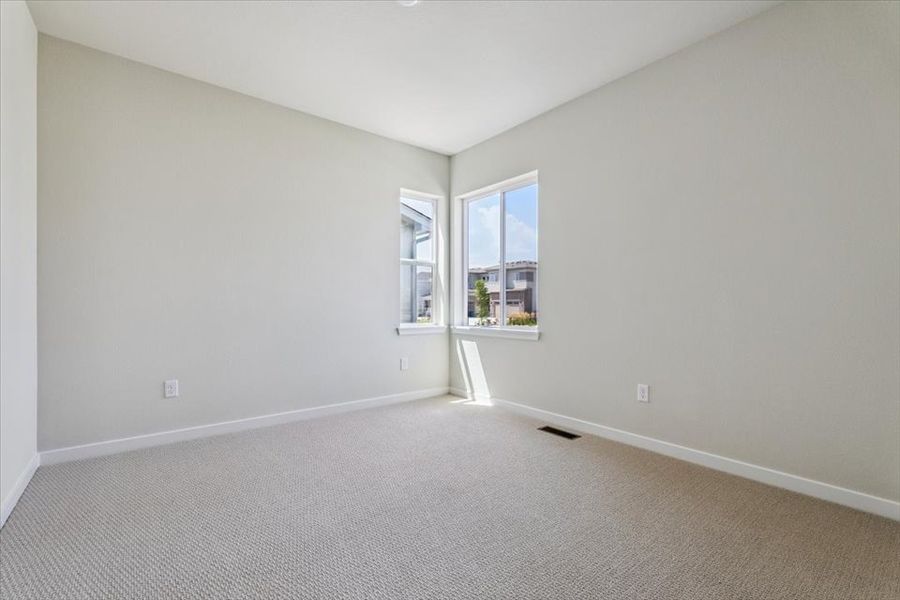 A room with a carpet and windows.
