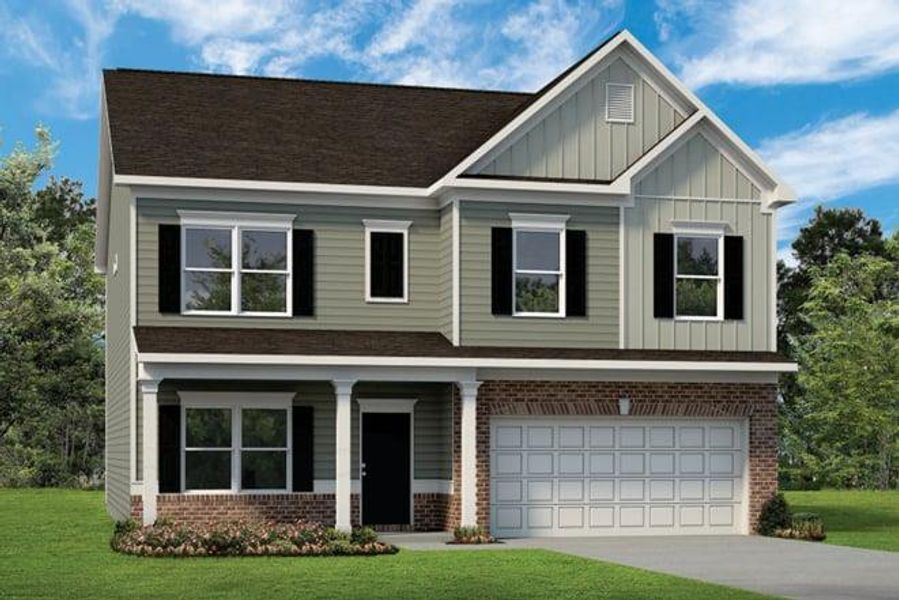 Front exterior of a new home in Glen at Cave Springs, Douglasville, GA, highlighting curb appeal (Image 1). Front exterior of a new home in Glen at Cave Springs, Douglasville, GA, highlighting curb appeal (Image 1).