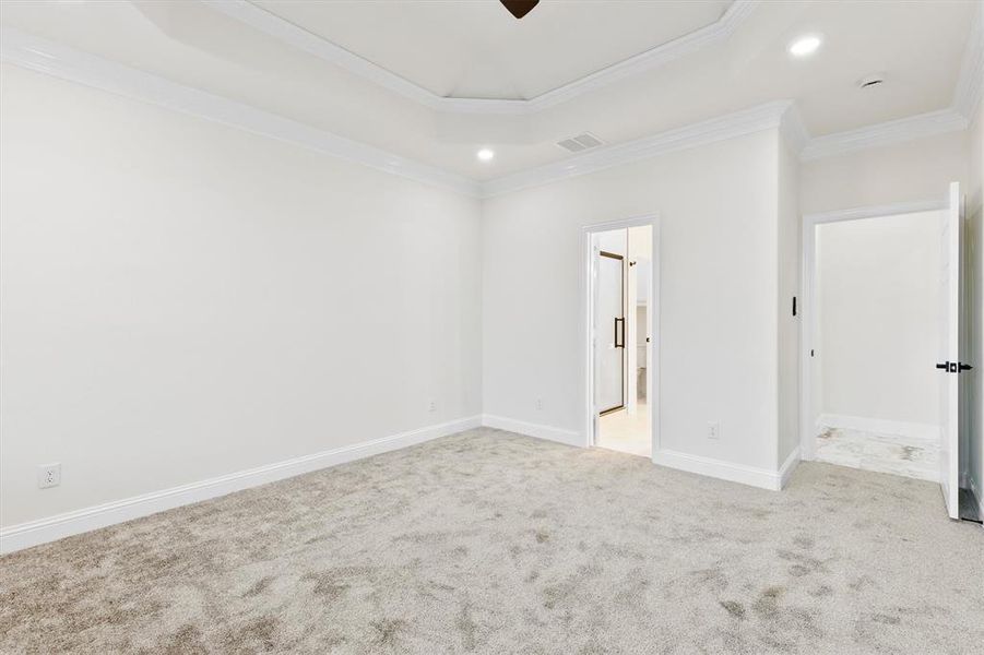 Unfurnished room featuring carpet floors, a ceiling fan, baseboards, visible vents, and crown molding Unfurnished room featuring carpet floors, a ceiling fan, baseboards, visible vents, and crown molding