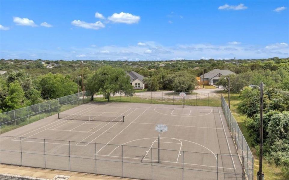 Tennis and pickleball court, with a basketball court