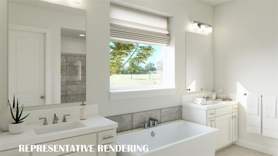 With his and her vanities, this owner's bath offers plenty of space for two! VIRTUALLY STAGES RENDERING With his and her vanities, this owner's bath offers plenty of space for two! VIRTUALLY STAGES RENDERING