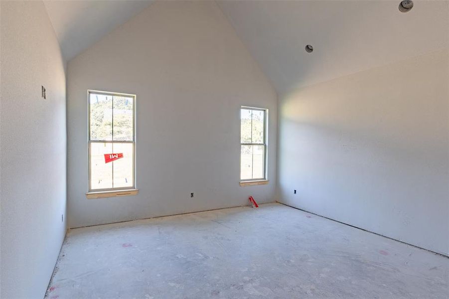 Spare room featuring plenty of natural light and high vaulted ceiling