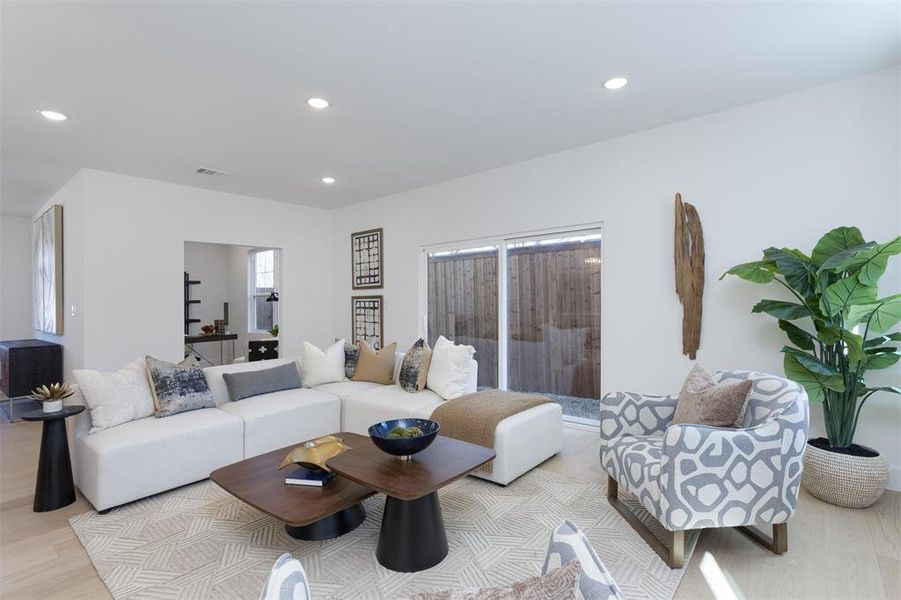 Spacious living looking towards study