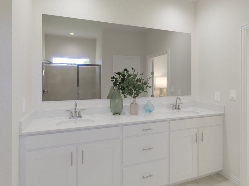 Primary bathroom with double vanity and large walk-in closet Primary bathroom with double vanity and large walk-in closet