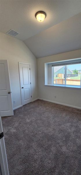 Empty room featuring lofted ceiling, carpet, and a textured ceiling Empty room featuring lofted ceiling, carpet, and a textured ceiling