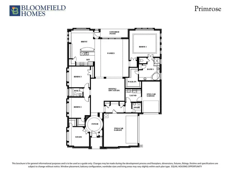 Bloomfield Homes Primrose floor plan with three bedrooms, family room, study, and two-car garage layout.
