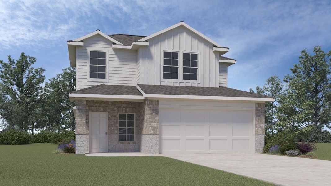 Front exterior of a new home in Hanolley Hills, Sherman, TX, highlighting curb appeal (Image 1).