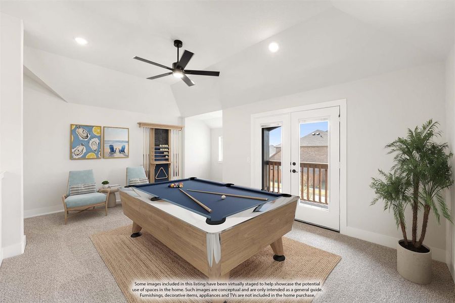 Game room with pool table, ceiling fan, and French doors leading to a balcony