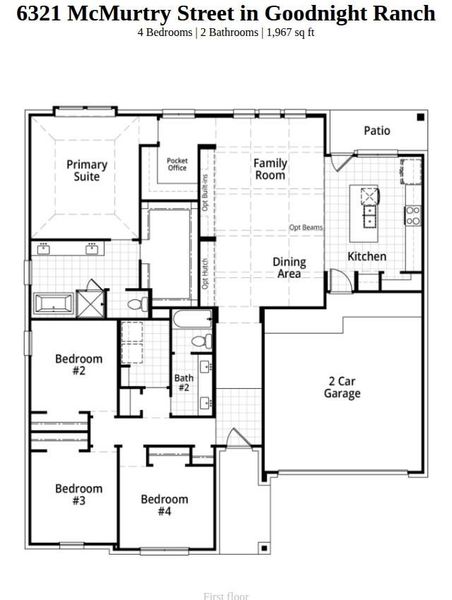2D floor plan layout of this home in Goodnight Ranch, Austin, TX (Image 2).