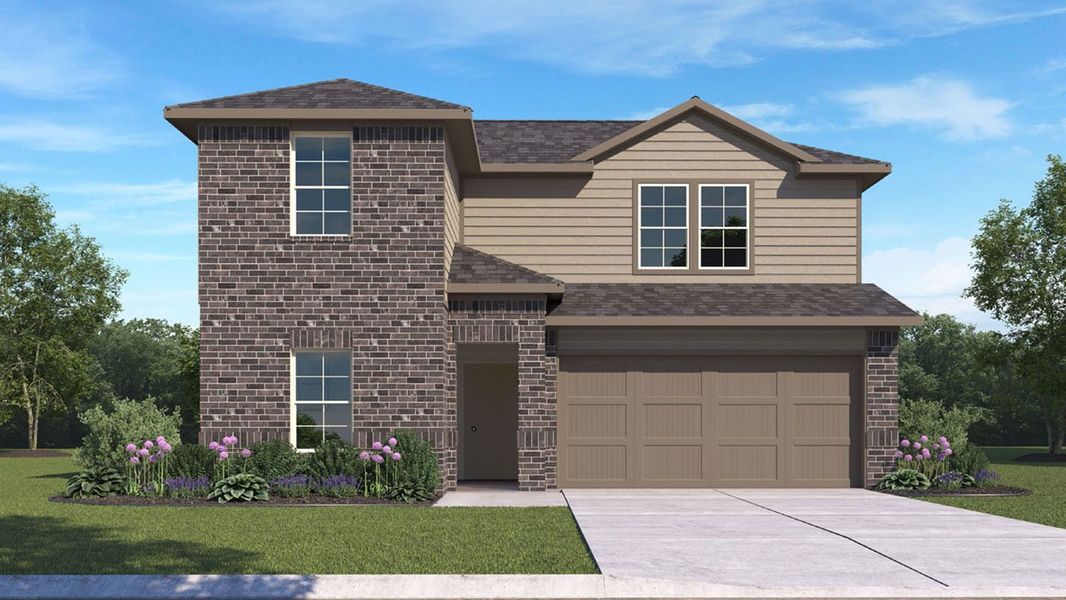 Front exterior of a new home in Windemere, Beaumont, TX, highlighting curb appeal (Image 1).