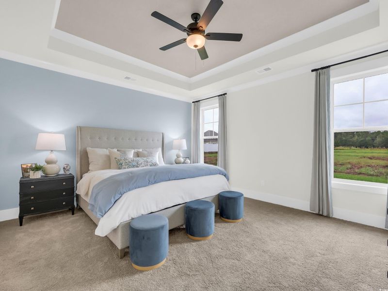 Bedroom with a tray ceiling, carpet, and a ceiling fan Bedroom with a tray ceiling, carpet, and a ceiling fan