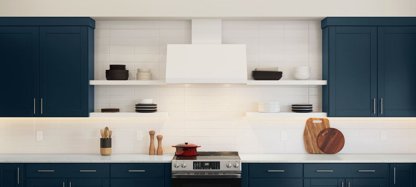 Kitchen with white floating shelves and subway tile backsplash