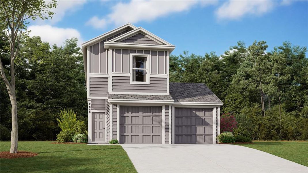 View of front facade with a front lawn and a garage