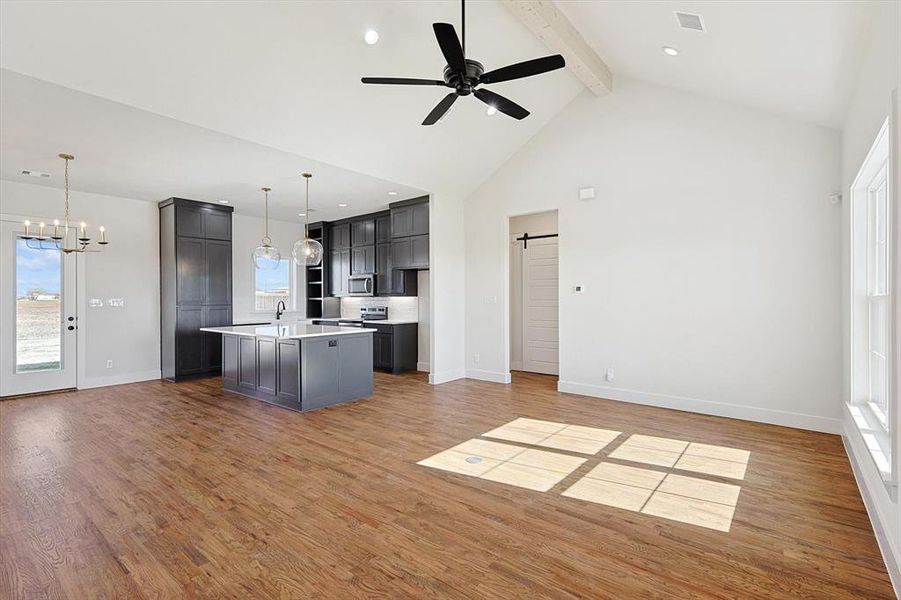 Kitchen featuring a center island with sink, a healthy amount of sunlight, a barn door, and hardwood / wood-style floors