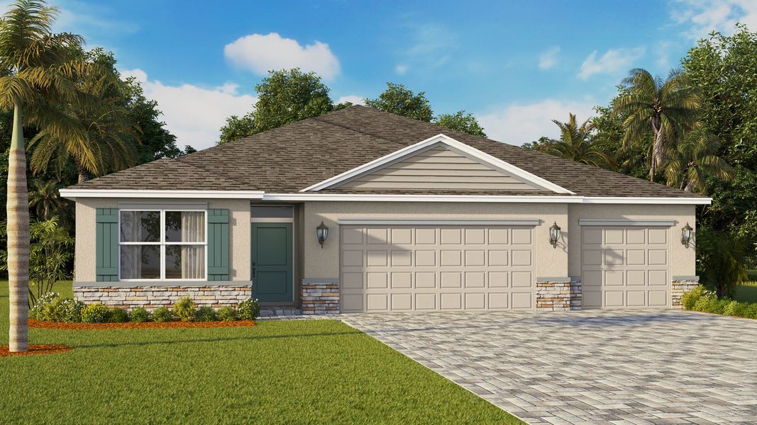 Representative exterior photo of a completed home built from the Denham by D.R. Horton in Creekside, Fort Pierce, FL (Image 2). Representative exterior photo of a completed home built from the Denham by D.R. Horton in Creekside, Fort Pierce, FL (Image 2).