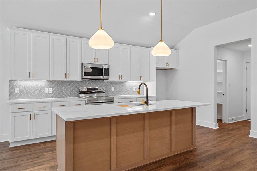 Kitchen featuring dark wood-type flooring, an island with sink, stainless steel appliances, white cabinetry, and a sink