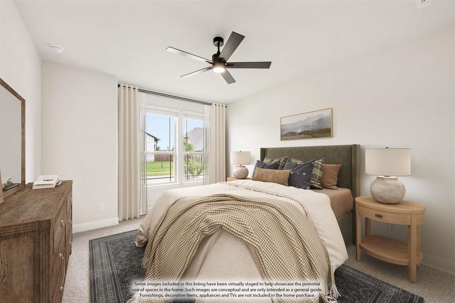 Bedroom with ceiling fan, carpet flooring, large window, and wood dresser Bedroom with ceiling fan, carpet flooring, large window, and wood dresser