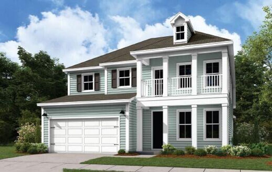 Front exterior of a new home in Tidewater at Lakes of Cane Bay, Summerville, SC, highlighting curb appeal (Image 1).