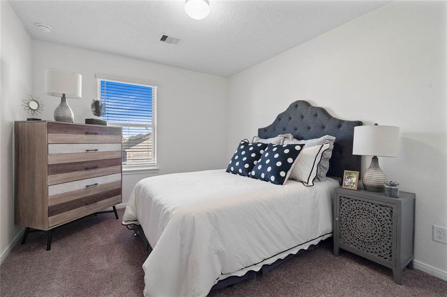 Secondary bedroom features plush carpet, custom paint and a large window.