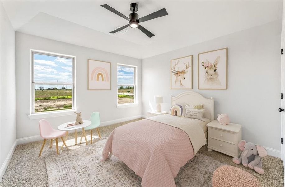 Bedroom featuring carpet and a ceiling fan