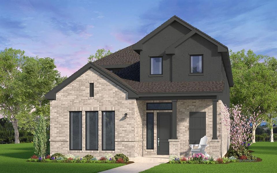 View of front facade featuring a front lawn, brick siding, and a shingled roof