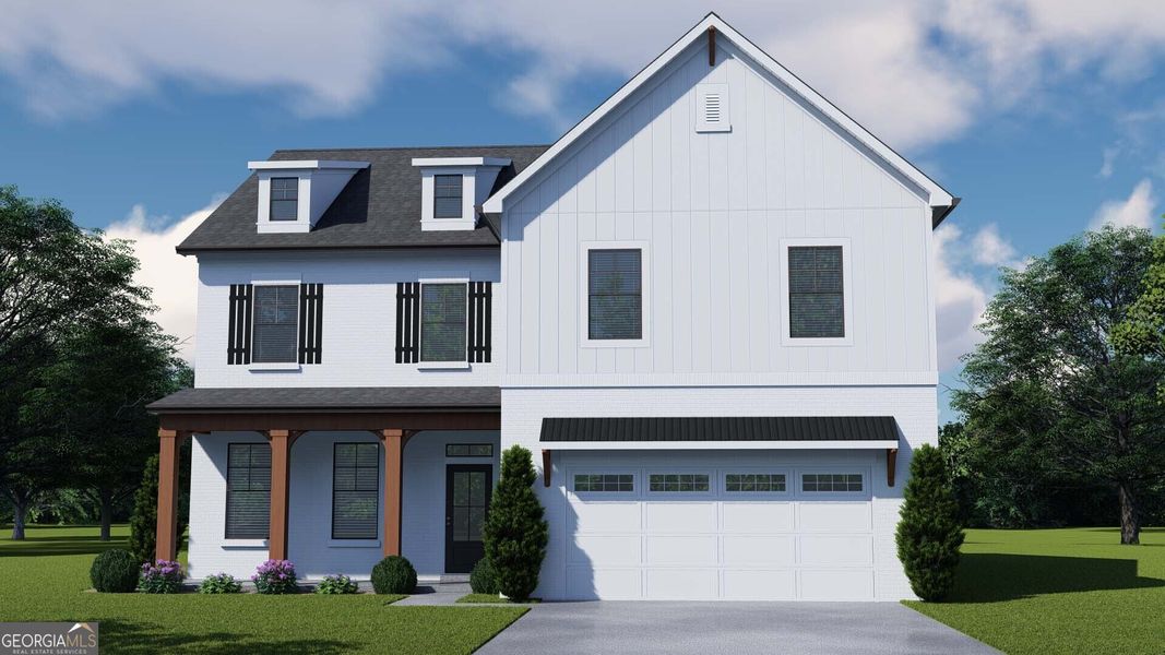 Front exterior of a new home in Rosewood Lake Estates, Hoschton, GA, highlighting curb appeal (Image 1).