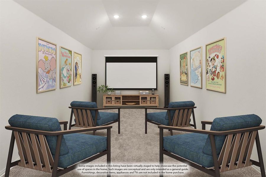 Home theater room with projection screen, four blue chairs, carpet flooring, and framed movie posters on walls
