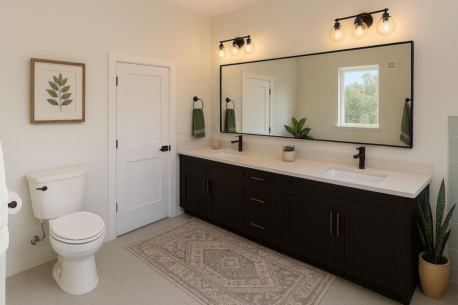 This modern bathroom features a sleek double vanity with dark cabinetry and white countertops, a large mirror, stylish light fixtures, and a neutral color palette. It includes a window for natural light, a framed botanical print, and a touch of greenery for a fresh feel.