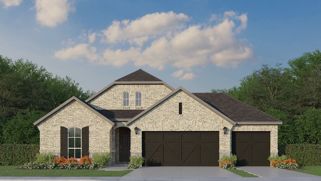 Plan 1532 Elevation A with Stone and 3rd Car Garage
