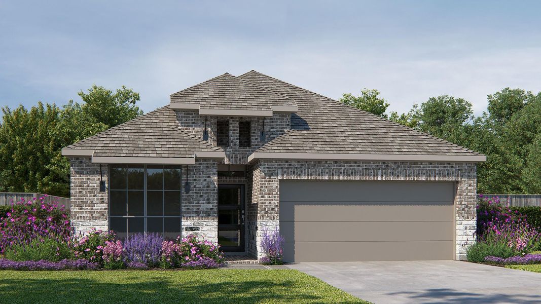 Front exterior of a new home in Meridiana 40'/45', Manvel, TX, highlighting curb appeal (Image 1). Front exterior of a new home in Meridiana 40'/45', Manvel, TX, highlighting curb appeal (Image 1).