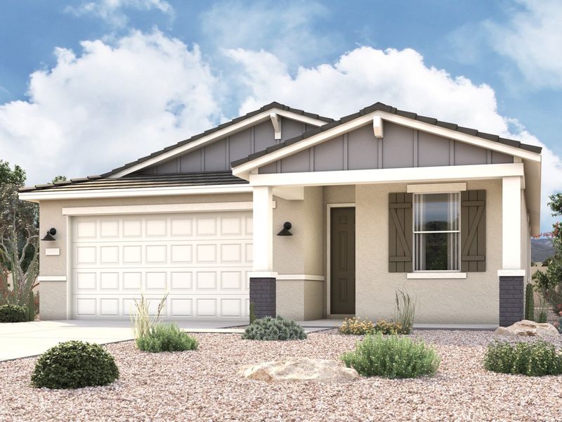 Rendering of front of new home for sale in San Tan, AZ with 2 car garage in the beautiful Skyline Village community with pool.
