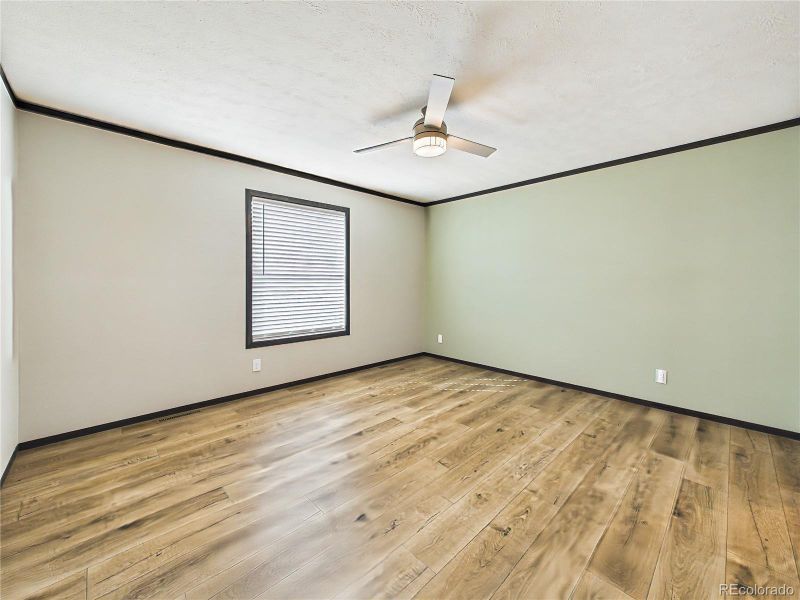 Primary Bedroom – Expansive primary bedroom with ample floor space, modern ceiling fan, and direct access to adjacent rooms.