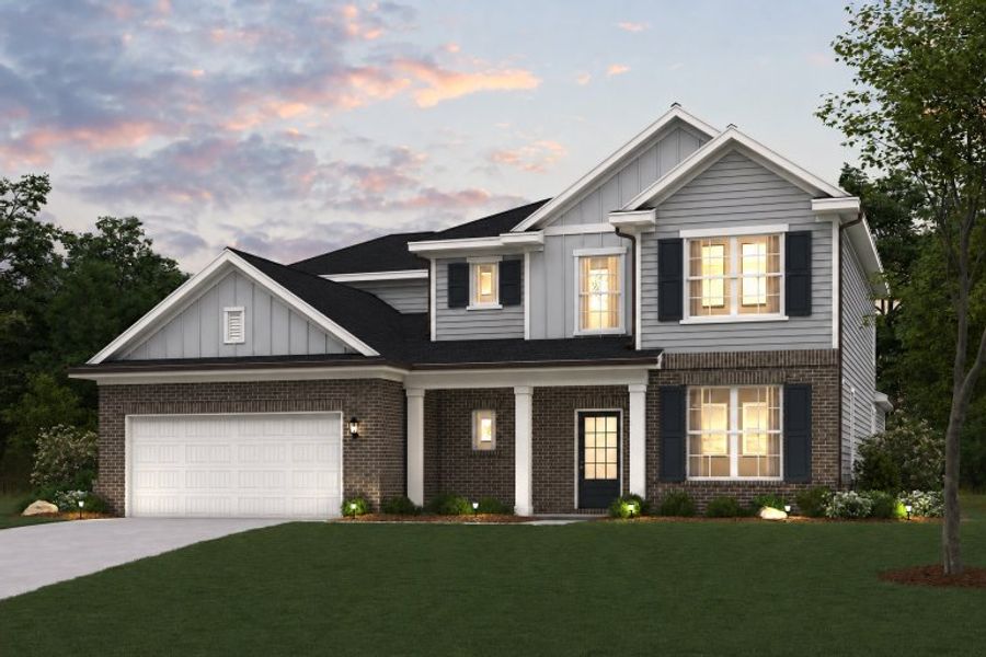 Representative exterior photo of a completed home built from the Hazel by Century Communities in Hayden Brook, Cumming, GA (Image 1). Representative exterior photo of a completed home built from the Hazel by Century Communities in Hayden Brook, Cumming, GA (Image 1).