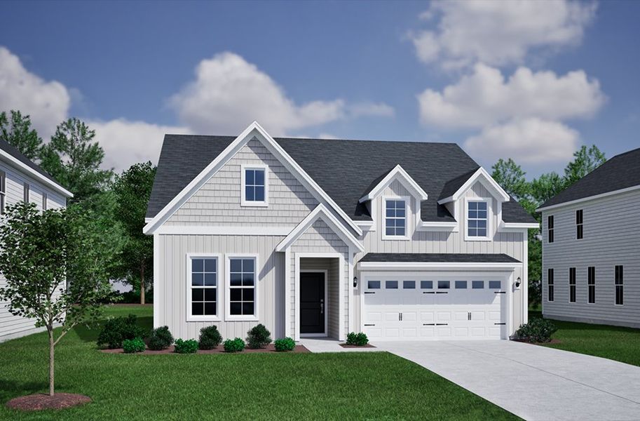 Front exterior of a new home in Ovation at Sweetbrier, Durham, NC, highlighting curb appeal (Image 1).