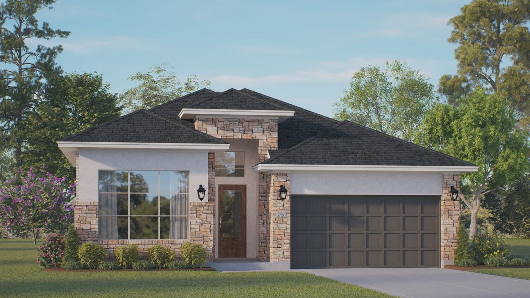 Representative exterior photo of a completed home built from the Hillcrest by Chesmar Homes in Jordan Ranch 55's, Fulshear, TX (Image 14). Representative exterior photo of a completed home built from the Hillcrest by Chesmar Homes in Jordan Ranch 55's, Fulshear, TX (Image 14).