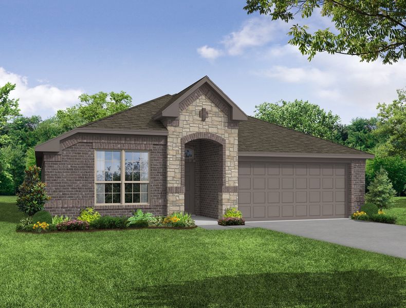 Representative exterior photo of a completed home built from the Austin by Impression Homes in De Berry Reserve, Royse City, TX (Image 10). Representative exterior photo of a completed home built from the Austin by Impression Homes in De Berry Reserve, Royse City, TX (Image 10).