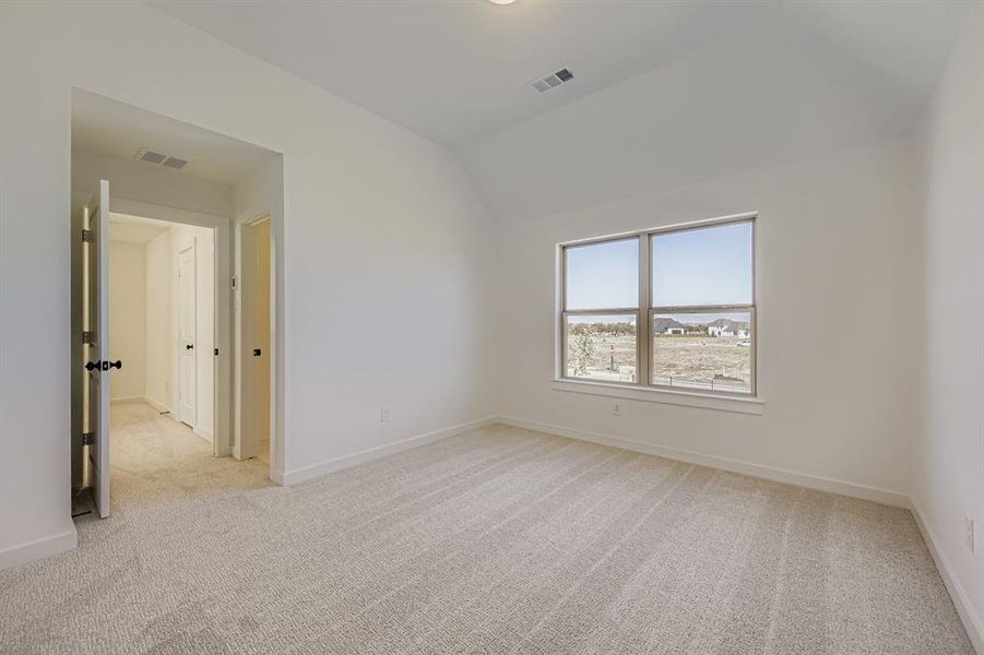 Empty room featuring light colored carpet and lofted ceiling